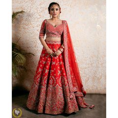 Vermillion Red Abstract Red Lehenga Set