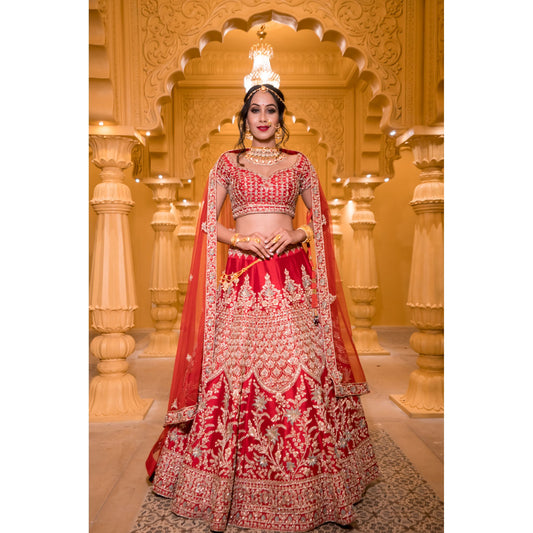 Minal - Vermillion Red And Gold Lehenga Set