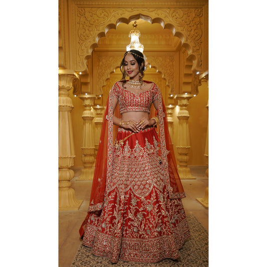 Minal - Vermillion Red And Gold Lehenga Set