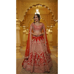 Minal - Vermillion Red And Gold Lehenga Set