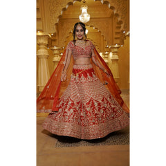 Minal - Vermillion Red And Gold Lehenga Set