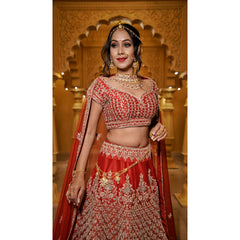 Minal - Vermillion Red And Gold Lehenga Set
