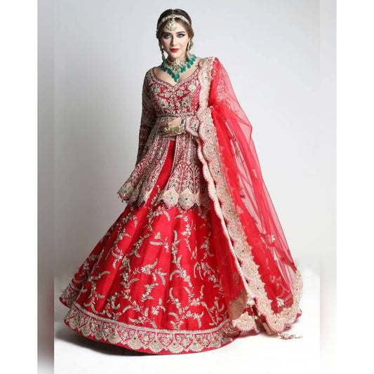 Crimson Red Peplum Mughal Lehenga Set