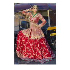 Crimson Red Peplum Mughal Lehenga Set