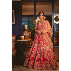 Deep Red And Gold Peacock Lehenga Set