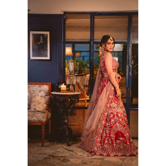 Deep Red And Gold Peacock Lehenga Set