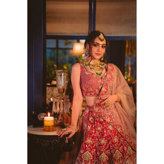 Deep Red And Gold Peacock Lehenga Set