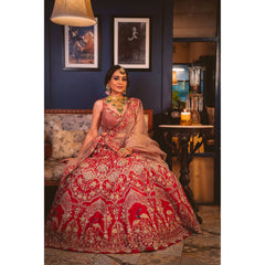 Deep Red And Gold Peacock Lehenga Set