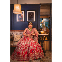 Deep Red And Gold Peacock Lehenga Set