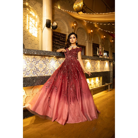 Wine And Coral Structured Abstract Gown