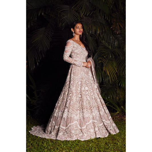 Oyster Grey Persian Anarkali Lehenga Set