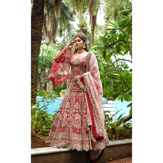 Red Peplum Persian Lehenga Set