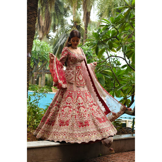 Red Peplum Persian Lehenga Set