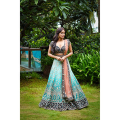 Turquoise Teal Archaic Lehenga Set