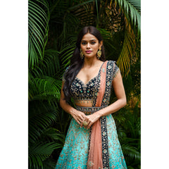 Turquoise Teal Archaic Lehenga Set