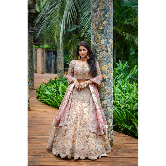 Peach Rose Applique Lehenga Set