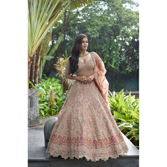 Rust Mughal Applique Lehenga Set