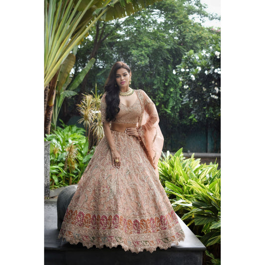 Rust Mughal Applique Lehenga Set