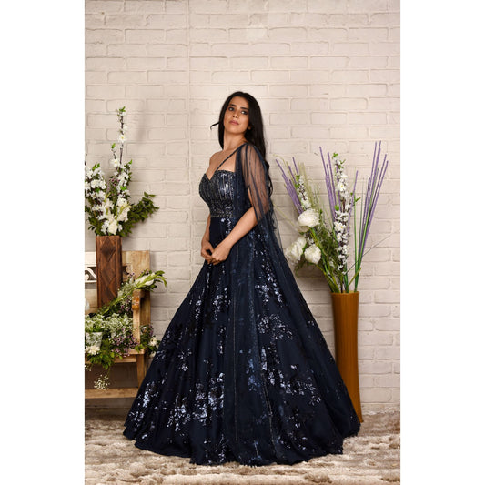 Navy Blue Sequinned One-Shoulder Drape Gown
