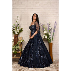 Navy Blue Sequinned One-Shoulder Drape Gown