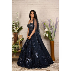 Navy Blue Sequinned One-Shoulder Drape Gown