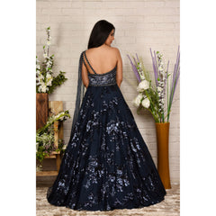 Navy Blue Sequinned One-Shoulder Drape Gown