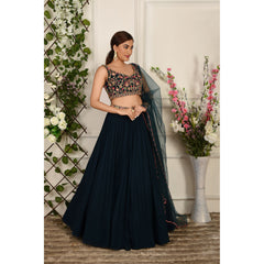 Teal Blue Floral Lehenga Set