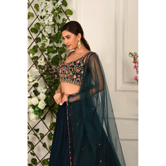 Teal Blue Floral Lehenga Set
