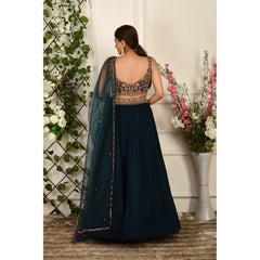 Teal Blue Floral Lehenga Set
