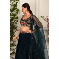 Teal Blue Floral Lehenga Set