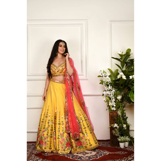 Haldi Yellow Metallic Embellished Lehenga Set
