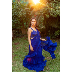 Electric Blue Tiered Ruffle Skirt Saree
