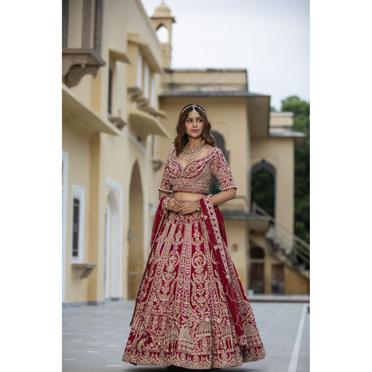 Deep Red Raw Silk Lehenga