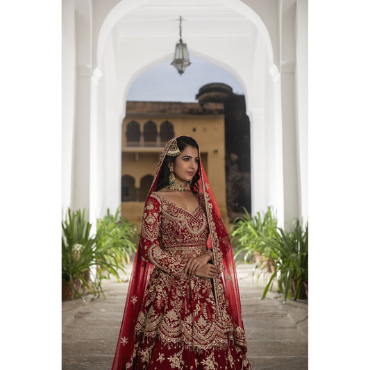 Royal Red And Gold Work Bridal Lehenga Set