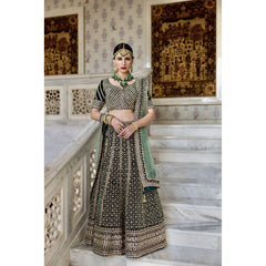 Dark Forest Green Velvet Gold Embroidered Lehenga Set
