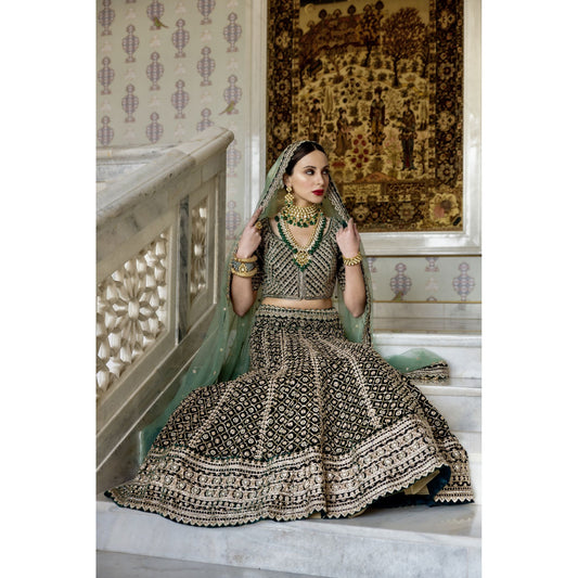 Dark Forest Green Velvet Gold Embroidered Lehenga Set