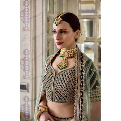 Dark Forest Green Velvet Gold Embroidered Lehenga Set