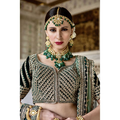 Dark Forest Green Velvet Gold Embroidered Lehenga Set