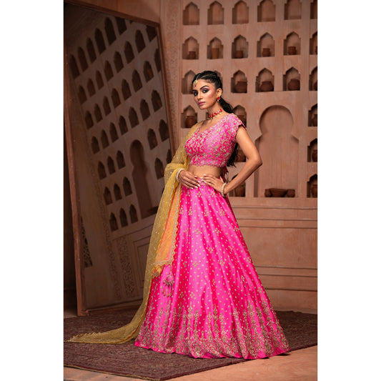 Fuchsia Pink Floral Detail Lehenga Set