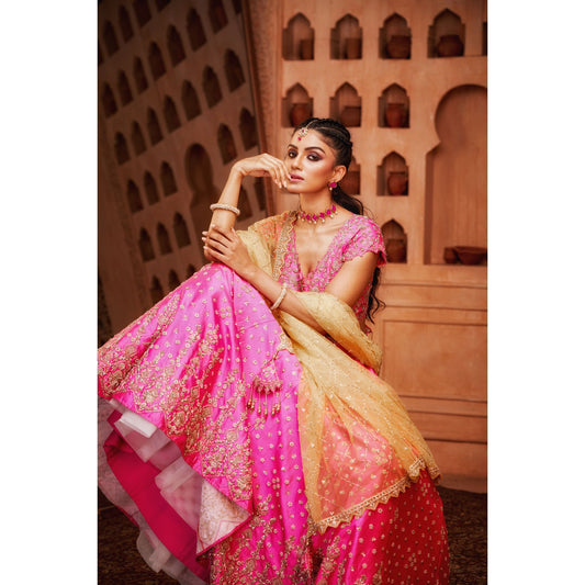 Fuchsia Pink Floral Detail Lehenga Set