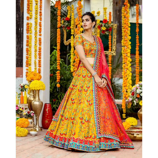 Mustard Multicolored Resham Lehenga Set