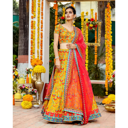 Mustard Multicolored Resham Lehenga Set