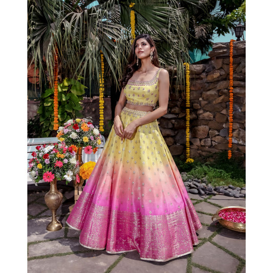 Yellow Pink Ombre Banarasi Lehenga Set