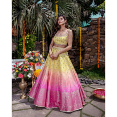 Yellow Pink Ombre Banarasi Lehenga Set
