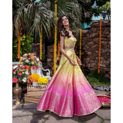 Yellow Pink Ombre Banarasi Lehenga Set
