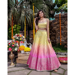 Yellow Pink Ombre Banarasi Lehenga Set