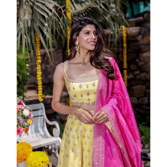 Yellow Pink Ombre Banarasi Lehenga Set