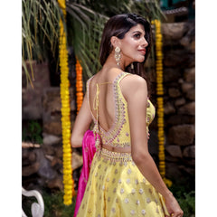 Yellow Pink Ombre Banarasi Lehenga Set