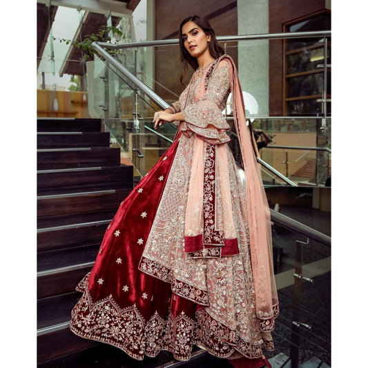 Peach And Maroon Anarkali Lehenga