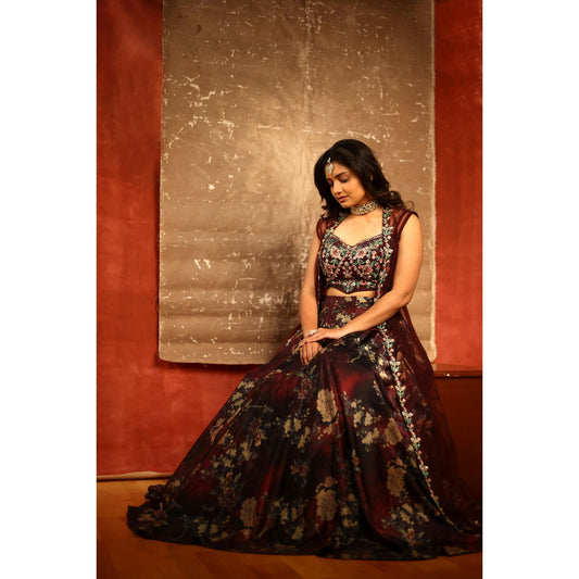 Hruta - Burgundy Floral Lehenga Jacket Set
